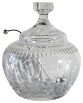 A large crystal cut glass punch bowl & cover with plated handle, (H: 28cm)