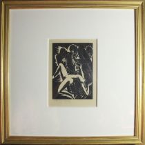 A framed American Art Deco, woodcut prints, depicting Musicians & Female Dancer, signed 'D.E.M