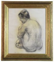 A charcoal study of a female nude seated, (canvas: H: 53.5, W: 44.5 cm), signed lower left