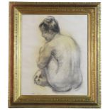 A charcoal study of a female nude seated, (canvas: H: 53.5, W: 44.5 cm), signed lower left