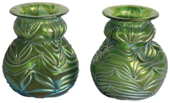 An unsual pair of venetian shaped glass vases of pinched form (H: 9.5cm)