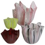 Four shaped Venetian glass vases of pinched form. Largest (H: 13cm)