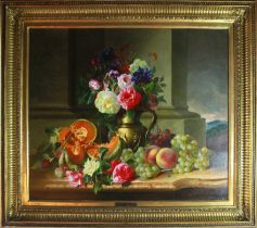 Adalbert Schaffer (1815-1871), Still Life With Flowers & Fruit, oil on board, 1857, (canvas: H: