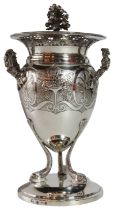 A silver sugar urn with grape leaf decoration & shaped finial. Old Vienna 1820. (H: 25cm)