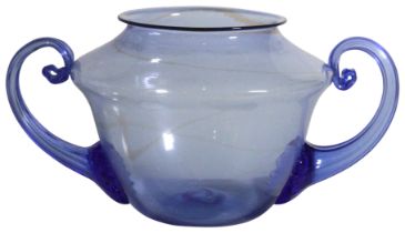 An Italian blue glass tinted two handled vase, (H: 15cm)