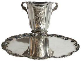 A large Italian silver wine cooler and patching tray. "Lavorato". Mano' 800 496m stamped.