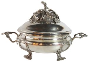 A large German silver tureen & cover with vine shaped handles. (755 grams) (H: 24cm)