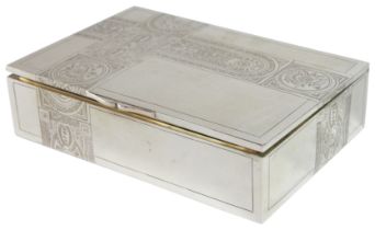 A Russian silver rectangular tobacco box with silver gilt interior. (H: 4cm, W: 15cm), Weight 443