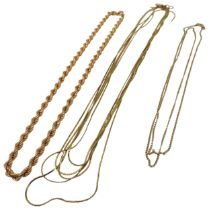 A 9CT GOLD ROPE TWIST NECKLACE AND A 9CT GOLD CHAIN, along with a multi strand flat link necklace,