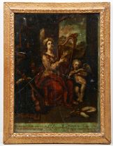 A REVERSE GLASS PRINT OF ST CECILIA (AF) another smaller of a George III with ink inscription to the