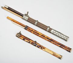 A 19TH CENTURY CHINESE TROUSSE EATING SET with knife and chopsticks in a tortoiseshell veneered