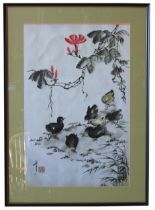 A JAPANESE PAINTED SILK PANEL, depicting chicks foraging beneath blossoming branches, signed in