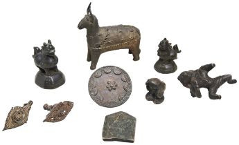 AN ASHANTI COPPER ALLOY GOLD WEIGHT and various others together with other bronze items. 9 cms max