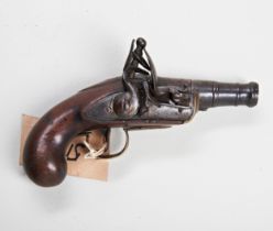 A 50-BORE FLINTLOCK POCKET PISTOL CIRCA 1730, with twist-off barrel marked London, the lock plate