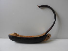 A SAUNG OR BURMESE HARP WITH LONG CURVED NECK AND LACQUERED SOUND BOX AND GILDED DECORATION. (
