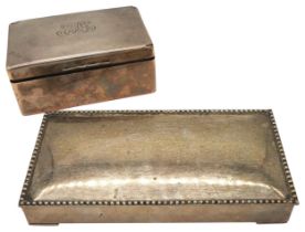 A SILVER CIGARETTE BOX OF RECTANGULAR FORM, with gadrooned lid and wooden lined, marked Sterling