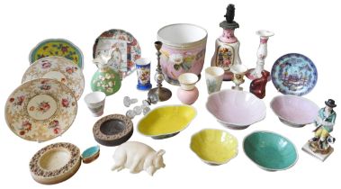 ASSORTED CERAMICS INCLUDING A VICTORIAN STAFFS PORCELAIN JUG, a continental porcelain lamp base