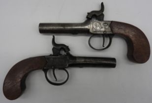 A PAIR OF PERCUSSION BOX-LOCK POCKET PISTOLS ENGRAVED NOCK, LONDON WITH SLAB-SIDED GRIPS. 16 cms