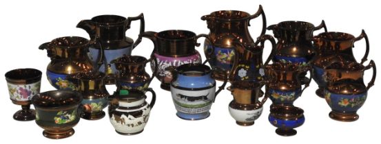A GROUP OF 19TH CENTURY LUSTRE WARE JUGS AND BOWLS, the lot includes an unusual jug dedicated to '