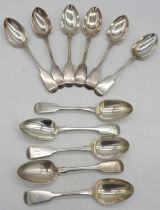 A SET OF SIX FIDDLE PATTERN DESSERT SPOONS AND A PART SET OF FIVE DESSERT SPOONS, one set marked