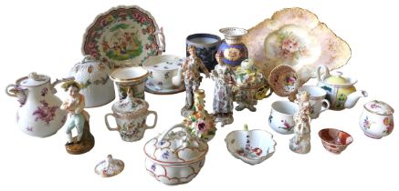 A GROUP OF MIXED 18TH & 19TH CENTURY PORCELAIN ITEMS, the lot includes a covered Meissen pitcher,