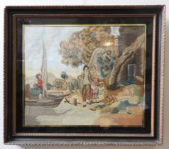 A LARGE GEORGIAN SILKWORK PICTURE WITH A LAKESIDE BUCOLIC SCENE after Moreland in a wooden frame