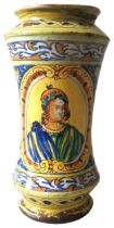 AN ITALIAN MAIOLICA ALBARELLO WITH A PORTRAIT MEDALLION OF A MAN, 16th/17th century, the base