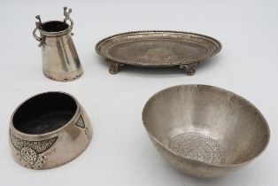 AN GROUP OF CONTINENTAL SILVER ITEMS, the lot includes an Indian oval form waiter with chased
