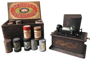 AN EDISON STANDARD PHONOGRAPH IN AN OAK CASE, LACKING HORN, AND A QUANTITY OF WAX CYLINDERS IN A