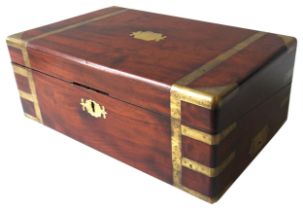 A 19TH MAHOGANY BRASS BOUND CAMPAIGN WRITING BOX WITH LOWER DRAWER, and brass plate engraved Mr.