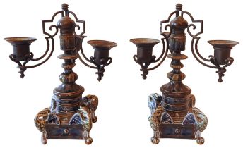 A PAIR OF DOULTON LAMBETH STONEWARE CANDELABRA, LATE 19TH CENTURY, three scrolling metal branches