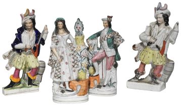 TWO LARGE 19TH CENTURY STAFFORDSHIRE WILL WATCH FIGURES, along with a pair of Scottish figures of