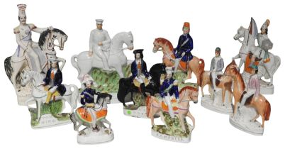 A GROUP OF TEN 19TH CENTURY ENGLISH POTTERY FLAT BACK FIGURES, all mounted on horseback, various