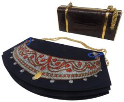 CARTIER NAVY CURVED CLUTCH BAG WITH GILT CHAIN HANDLES WITH AN ITALIAN LEATHER MOCK CROC HARD CASE