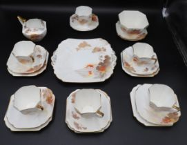 A SHELLY ART DECO PART TEA SET, CIRCA 1930, Queen Anne shape, the sides painted with a bucolic scene