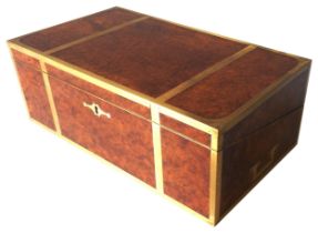 A LARGE VICTORIAN BRASS BOUND BURR WALNUT WRITING SLOPE. PREVIOUSLY RESTORED. 18 x 49 x 27 cms