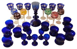 A QUANTITY OF 19TH & 20TH CENTURY BLUE GLASS WARES, the lot includes a set of six cut glass wine