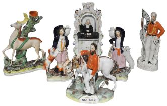 A GROUP OF SIX 19TH CENTURY STAFFORDSHIRE FIGURES, the lot includes a pair of Jack & Jill figures,