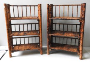 TWO SETS OF FOLDING VINTAGE BAMBOO SHELVES, three hinged shelves flanked by hinged spindle side