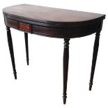 A GEORGE III MAHOGANY DEMI LUNE TEA TABLE, CIRCA 1800, the fold over top with reeded edge, over a