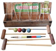 A JACQUES VINTAGE CROQUET SET, in original wooden box, the set includes four mallets, and a quantity