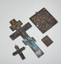 A RUSSIAN ORTHODOX COPPER ALLOY CROSS, another small cross and two plaques. 21 cms max Provenance: