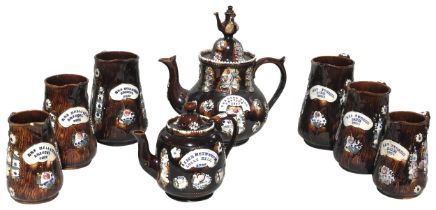 A GROUP OF 19TH CENTURY MEASHAM POTTERY BARGE WARES, the lot includes a large teapot, a smaller