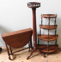 A VICTORIAN MAHOGANY WHAT NOT, 19TH CENTURY SUTHERLAND TABLE & MAHOGANY TORCHERE, the whatnot