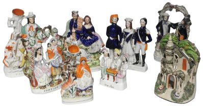 A GROUP OF 19TH CENTURY STAFFORDSHIRE FLAT BACK GROUP FIGURES AND MODELS, the lot includes a large