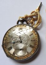 A SILVER CASED SWISS POCKET WATCH, with a 35 mm engine turned dial with subsidiary seconds dial