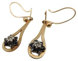 A PAIR OF GOLD SAPPHIRE AND DIAMOND SET DROP EARRINGS, the elongated teardrop form gold earrings set