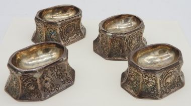 A SET OF FOUR WHITE METAL TRENCHER SALTS, PROBABLY LAST QUARTER 18TH CENTURY, octagonal tapering