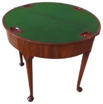 AN UNUSUAL MAHOGANY TRI-FOLD DEMI-LUNE CARD TABLE, EARLY 19TH CENTURY, the hinged demi-lune with two