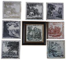 FIVE SADLER & GREEN LIVERPOOL TILES DEPICTING AESOP'S FABLES AND THREE OTHER SADLER & GREEN